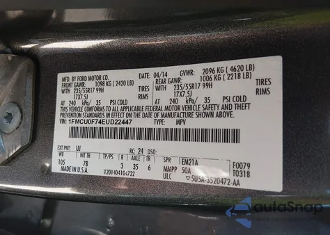 2014 Ford Escape S z USA, uszkodzony, nr VIN 1FMCU0F74EUD22447